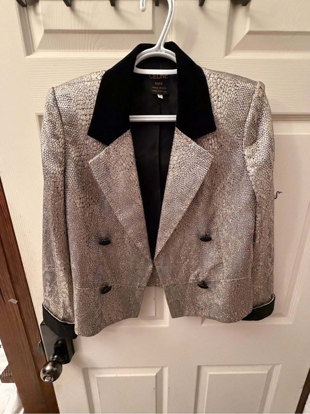 Celine Silver Metallic Cropped Blazer with Black Collar
